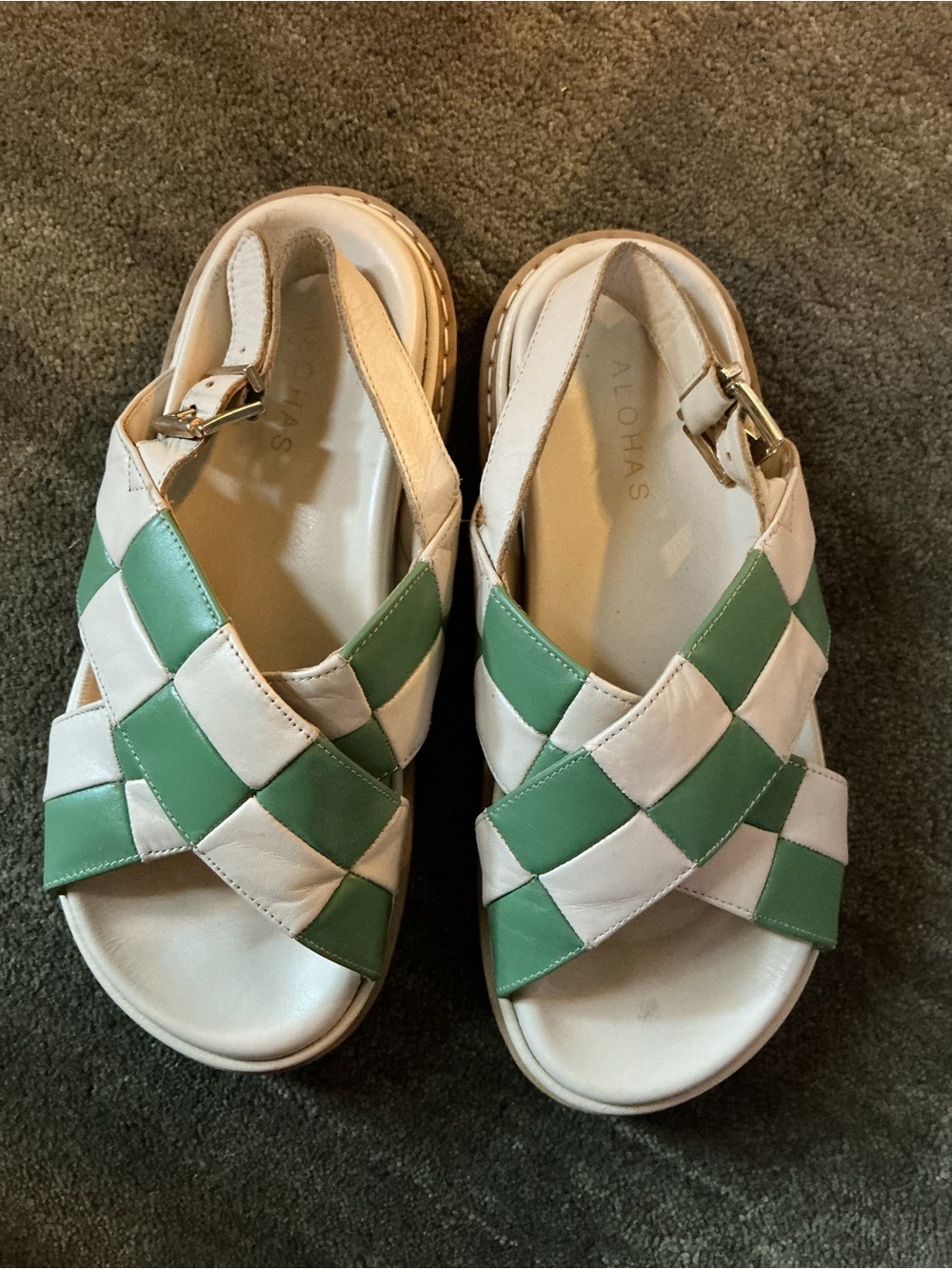ALOHAS Green and Cream Checkered Woven Slingback Sandals